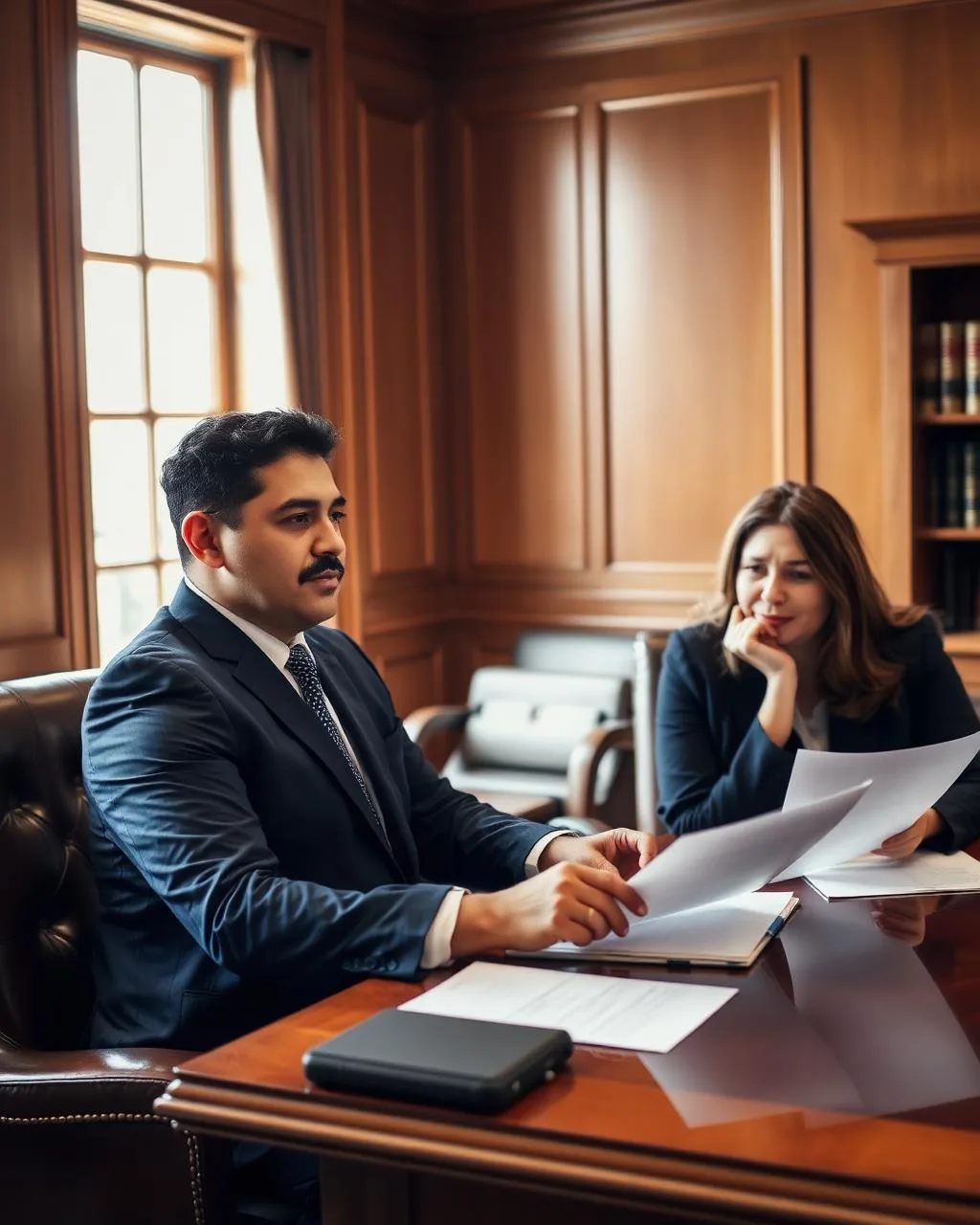 Attorney Sylvano Alvarez reviewing a case with a client