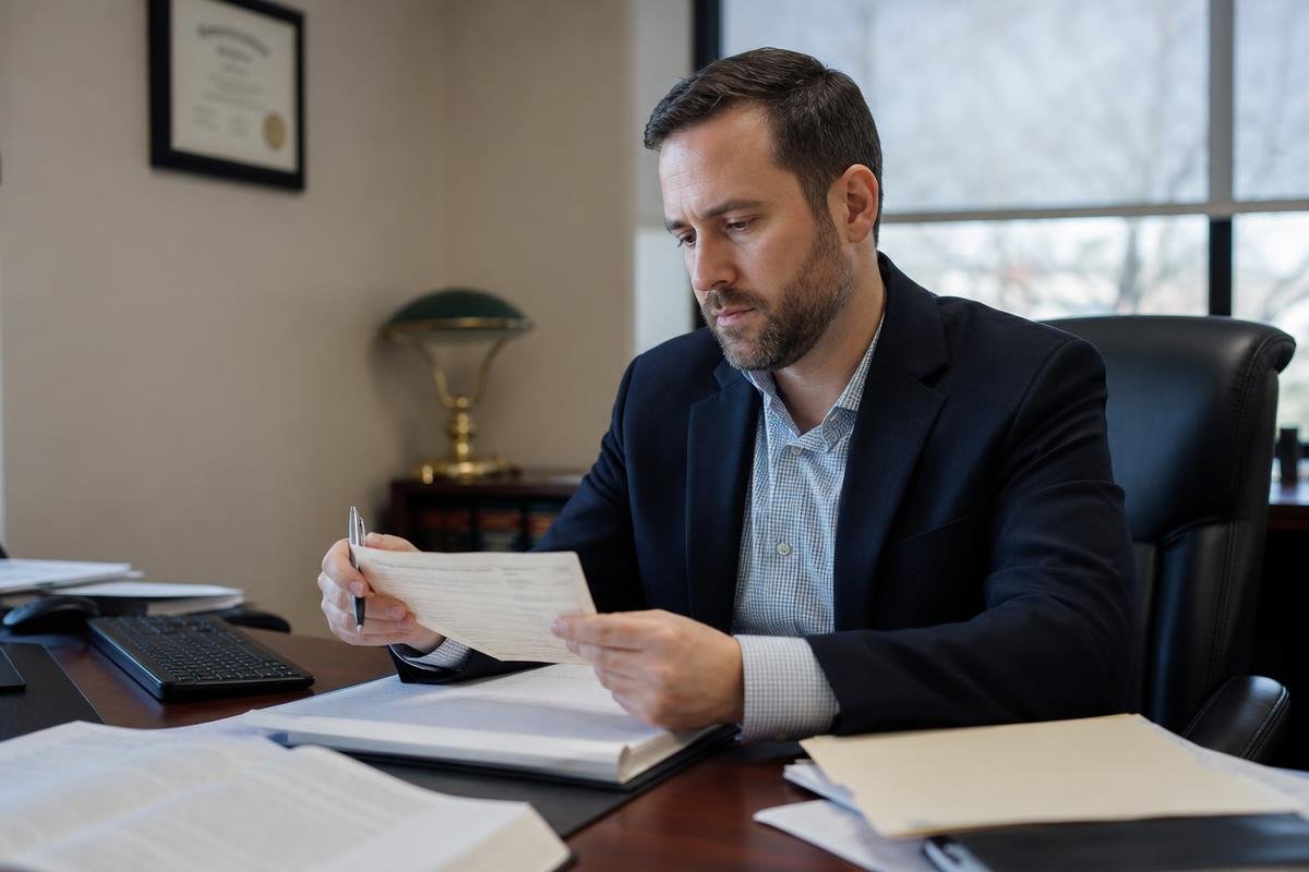 Attorney reviewing a speeding citation with a client in Alexandria, VA