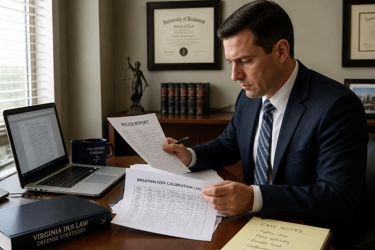 DUI defense attorney in Alexandria, VA reviewing police report and breathalyzer records