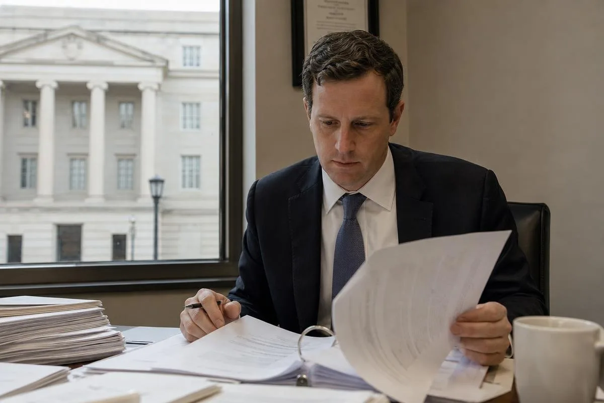 Attorney reviewing a case file across from the courthouse