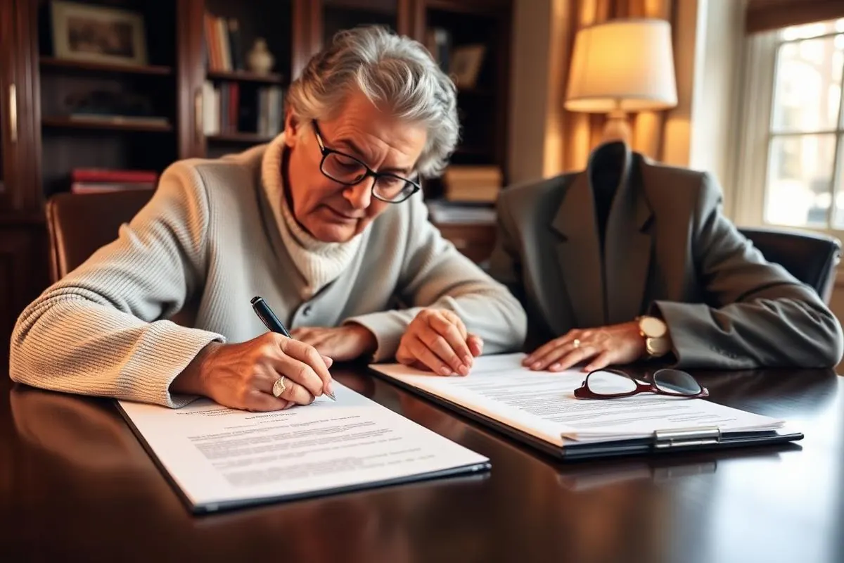 couple signing estate planning documents at a desk
