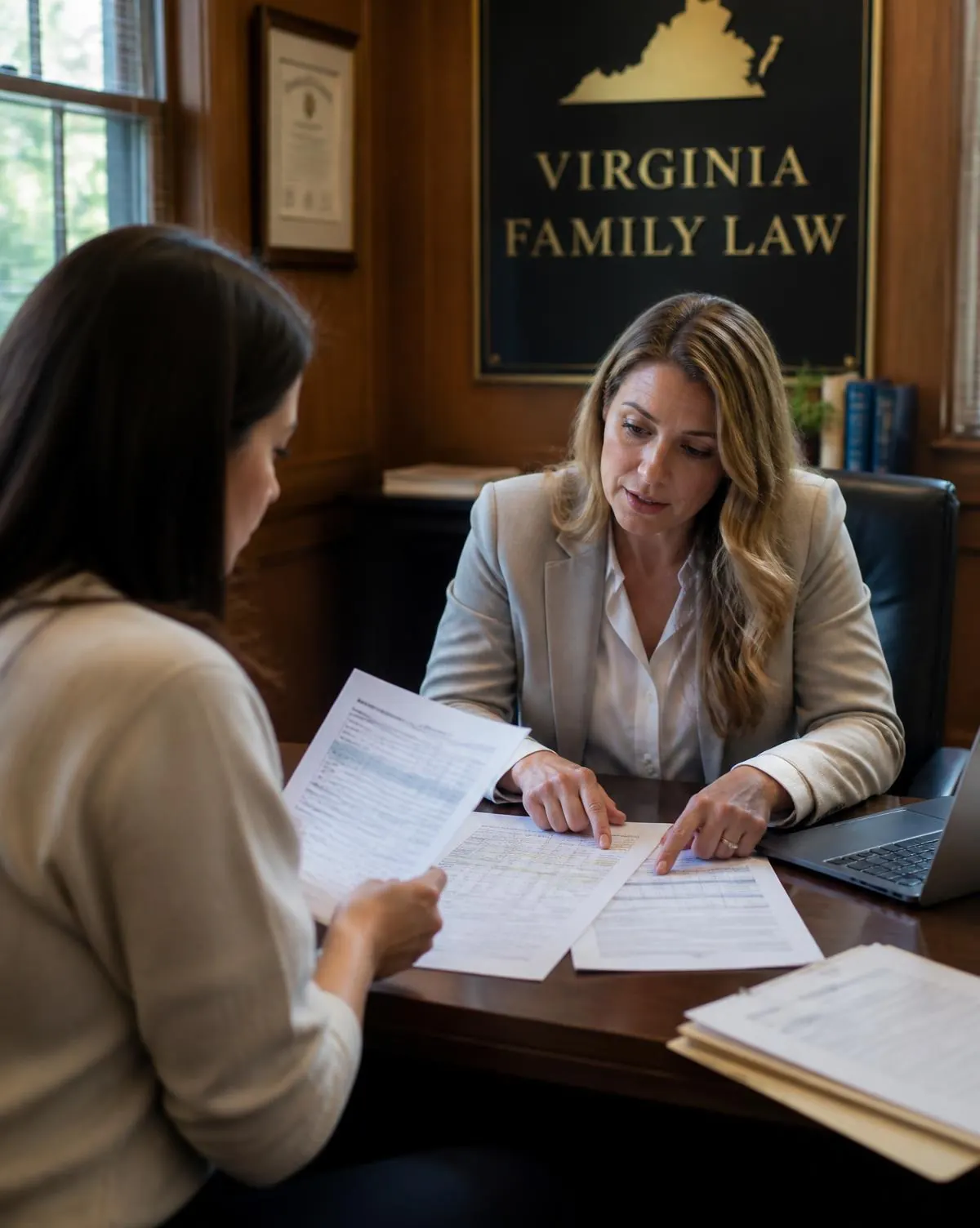Support attorney reviewing income documentation with a client in Alexandria, VA