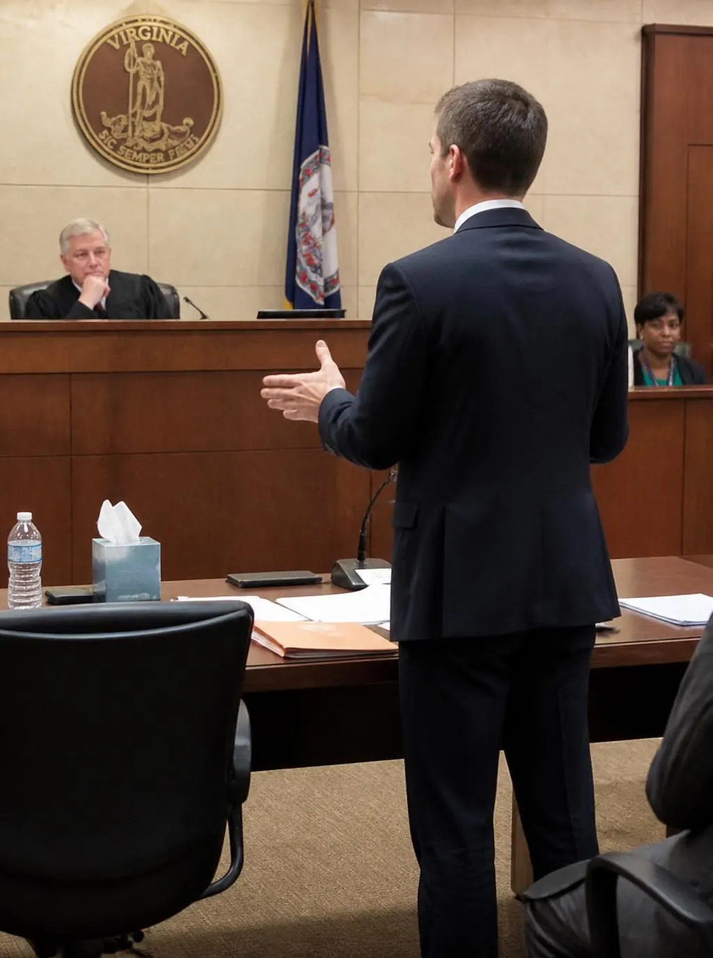 Traffic defense attorney addressing the judge in an Alexandria, VA general district courtroom