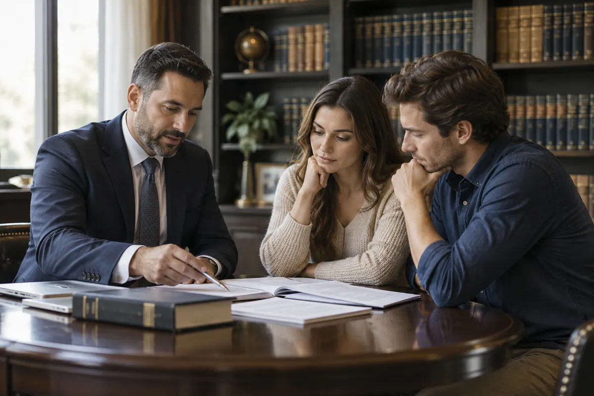 Attorney reviewing case documents with clients during a free consultation for Annandale residents