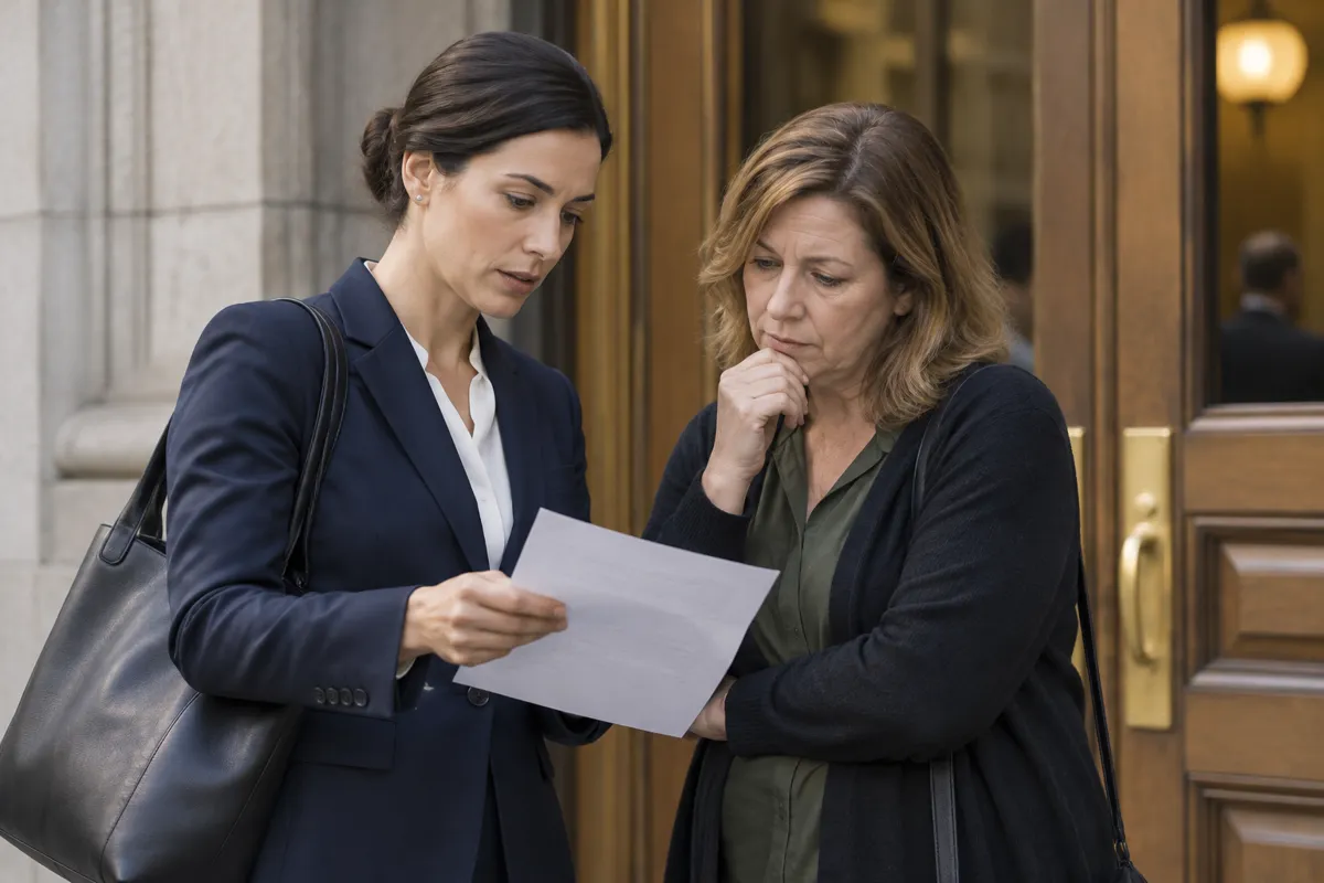 Criminal defense attorney reviewing charges with a client from Annandale at the courthouse