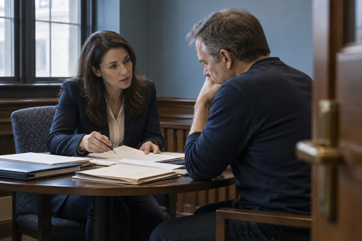 Criminal defense attorney reviewing charges with a client from Burke at the courthouse