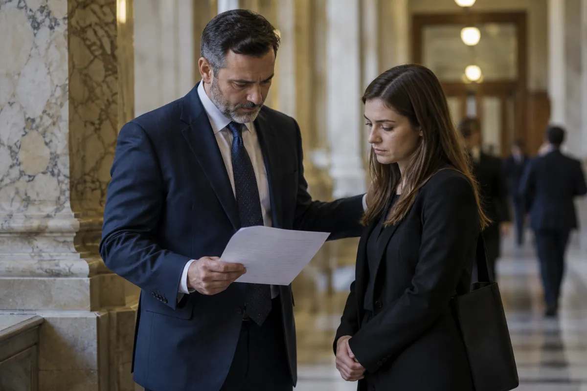 Criminal defense attorney reviewing charges with a client from Fairfax at the courthouse