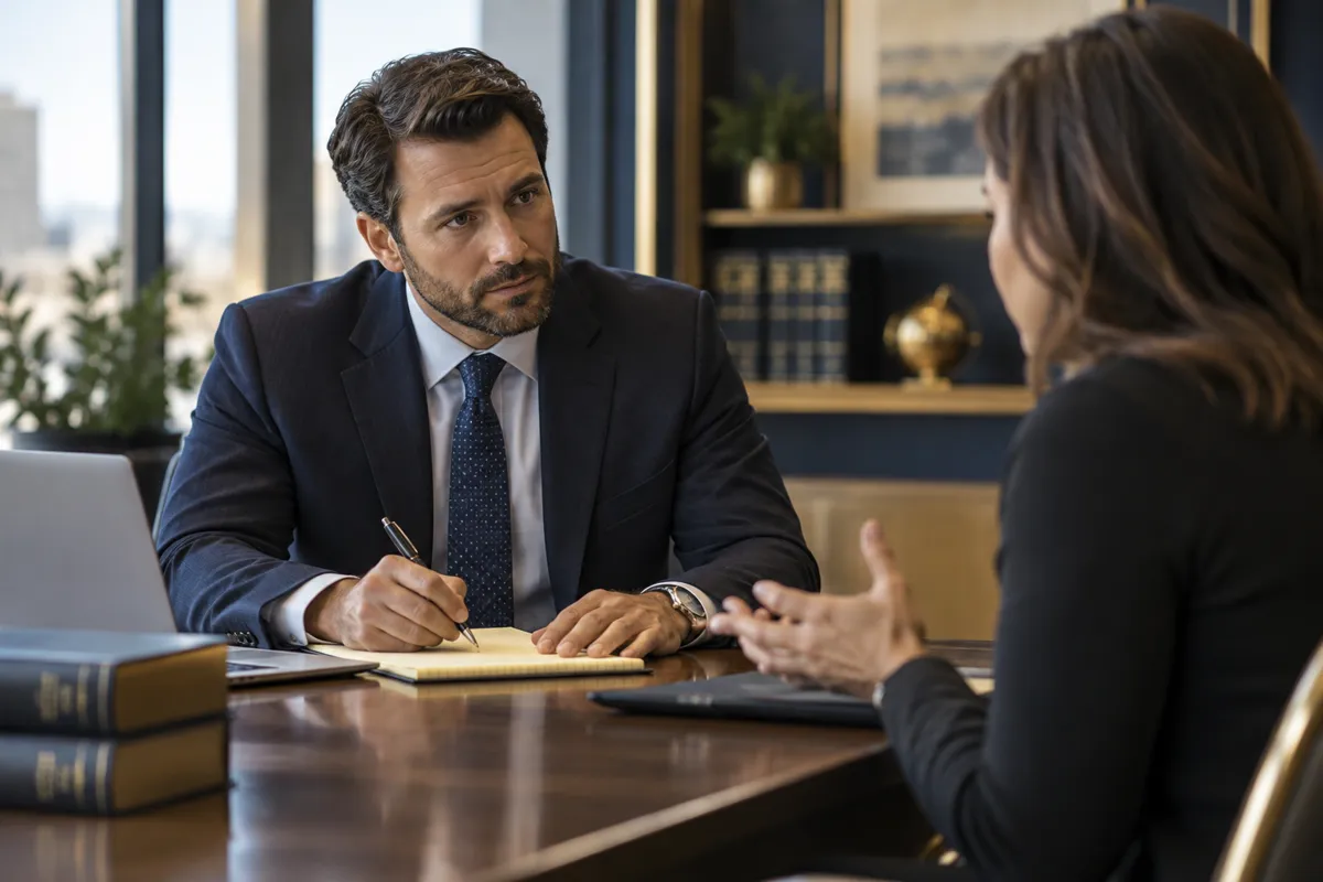 Attorney reviewing case documents with clients during a free consultation for Fort Belvoir residents