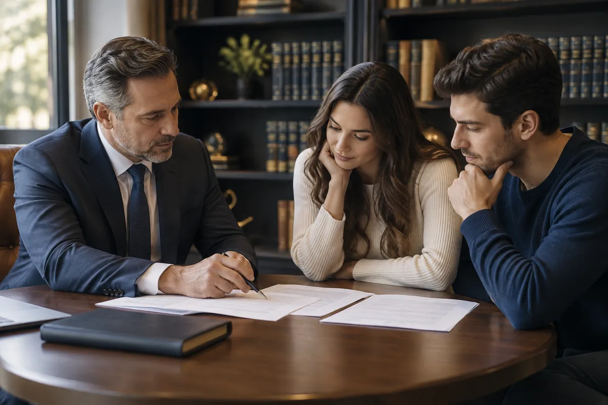Attorney reviewing case documents with clients during a free consultation for Franconia residents