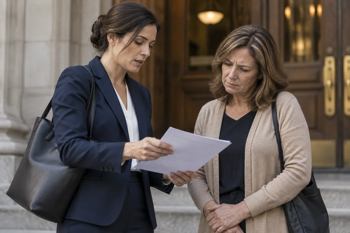 Criminal defense attorney reviewing charges with a client from Franconia at the courthouse