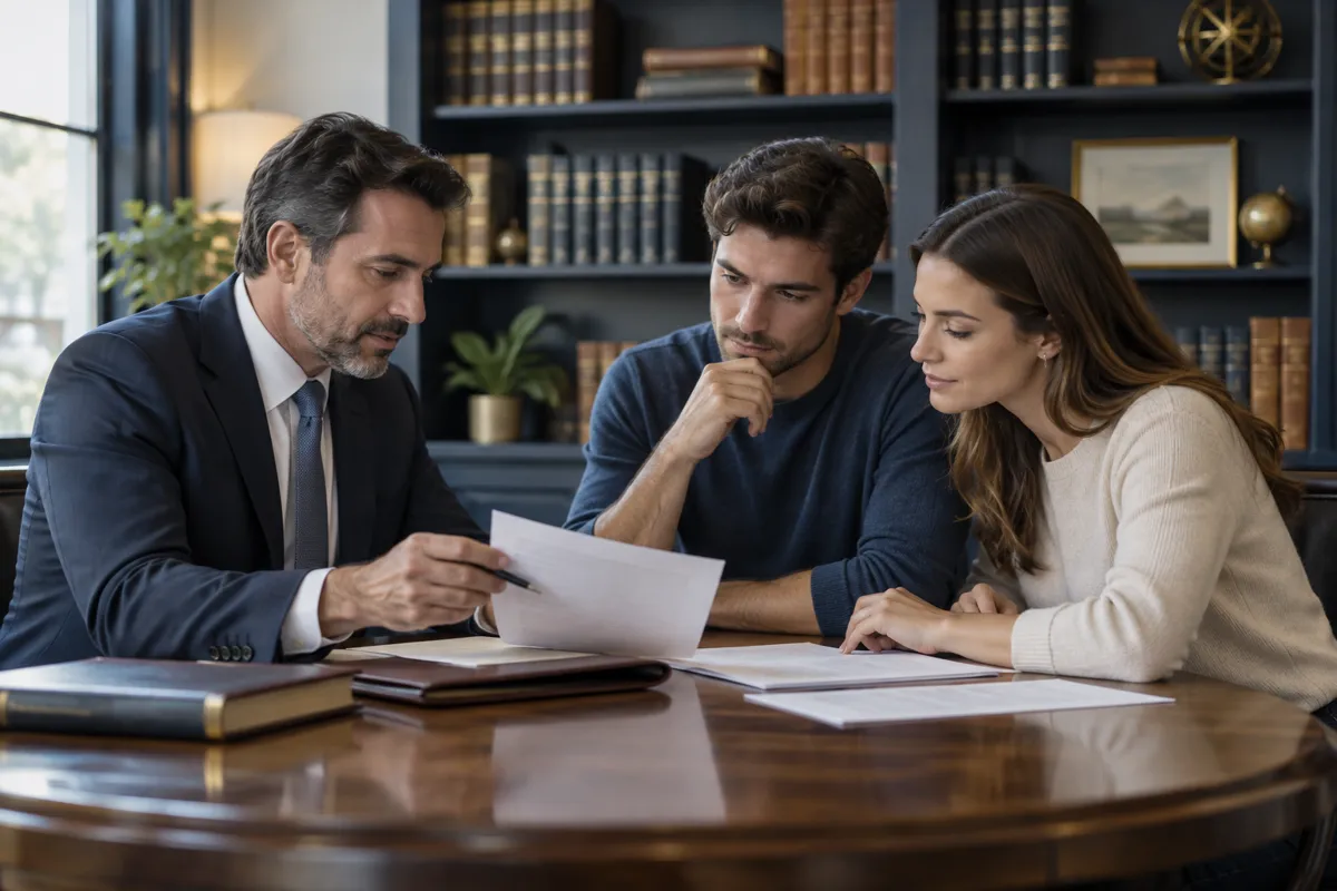 Attorney reviewing case documents with clients during a free consultation for Prince William County residents