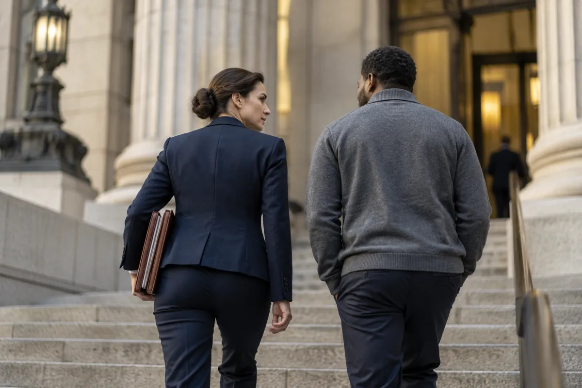 Criminal defense attorney reviewing charges with a client from Reston at the courthouse