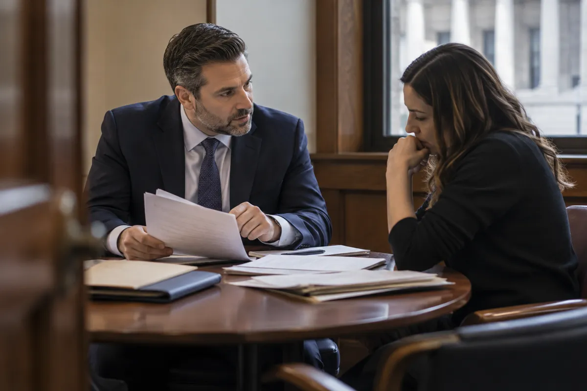 Criminal defense attorney reviewing charges with a client from Springfield at the courthouse