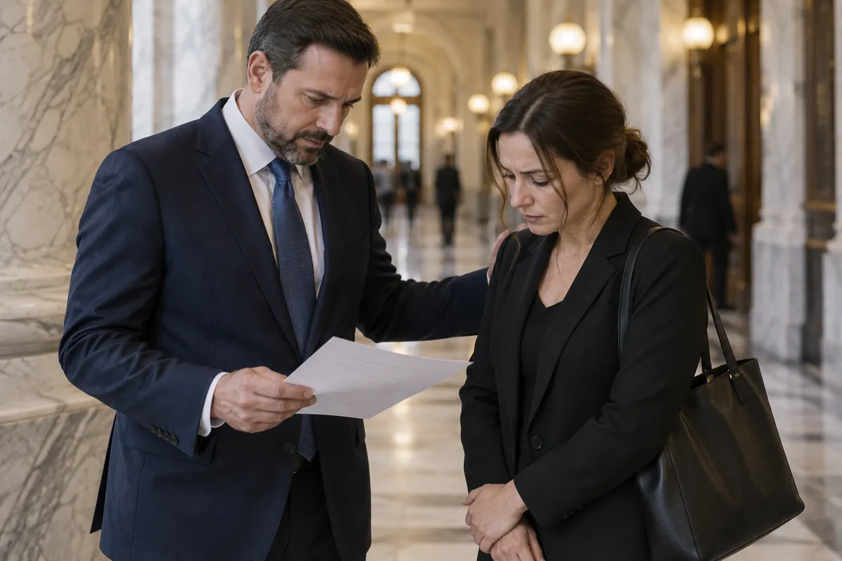 Criminal defense attorney reviewing charges with a client from Washington, DC at the courthouse