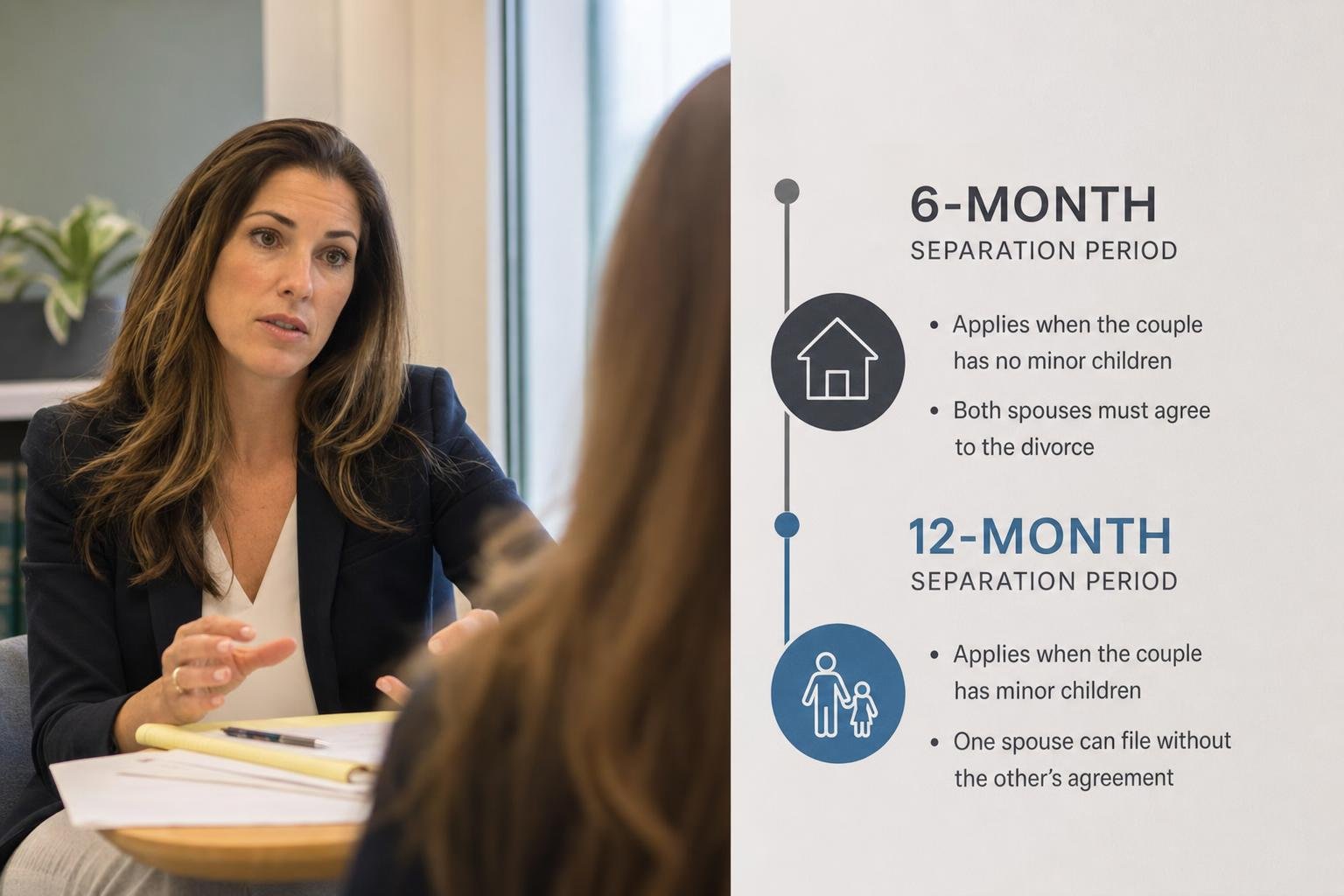Virginia uncontested divorce separation period timeline showing 6 months vs 12 months