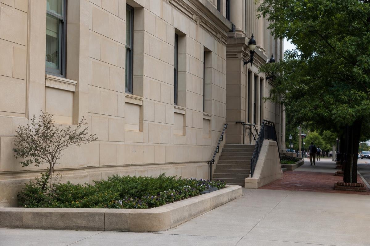 Stone courthouse exterior with steps and a tree-lined sidewalk