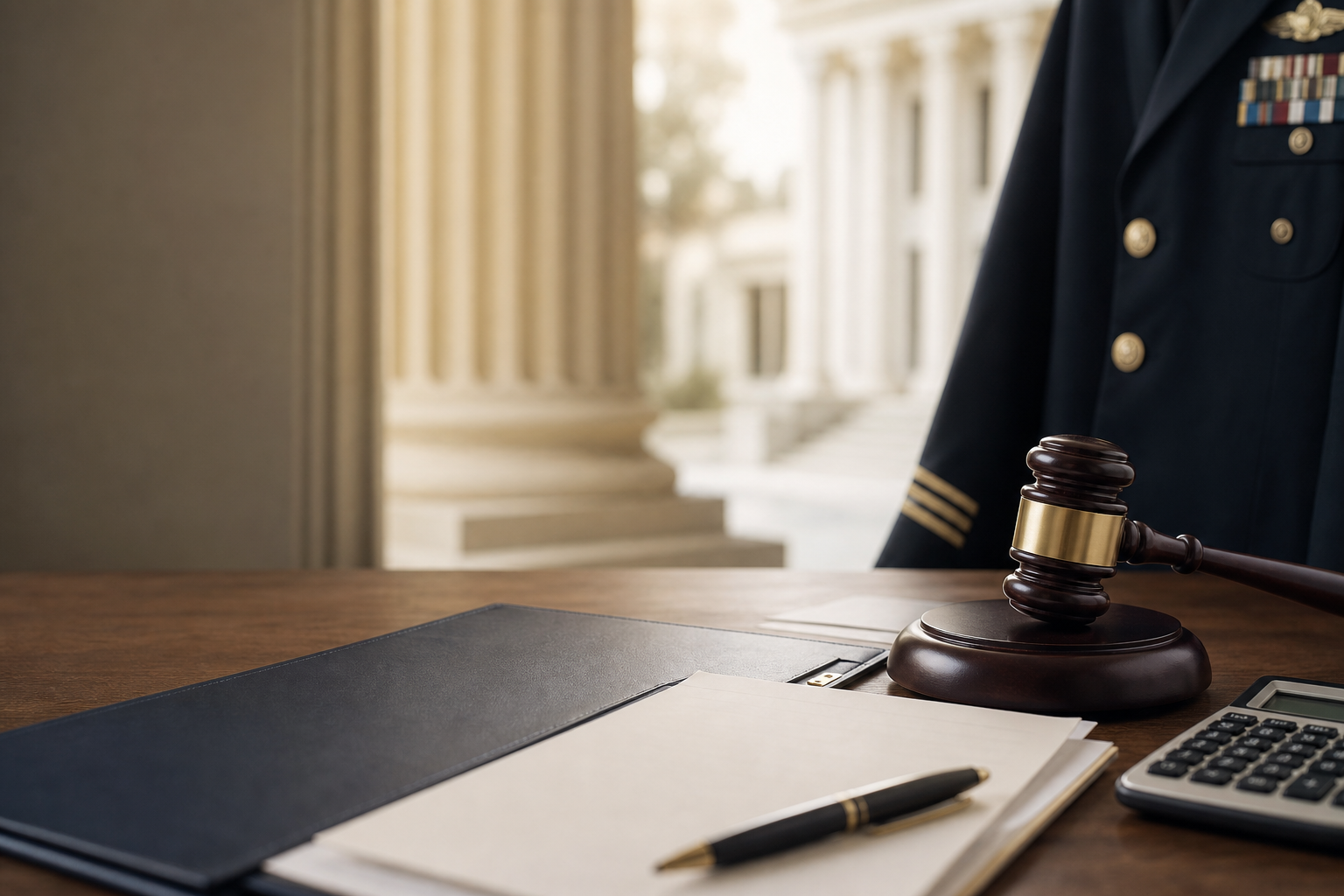 Military uniform beside a judge gavel and calculator on legal documents