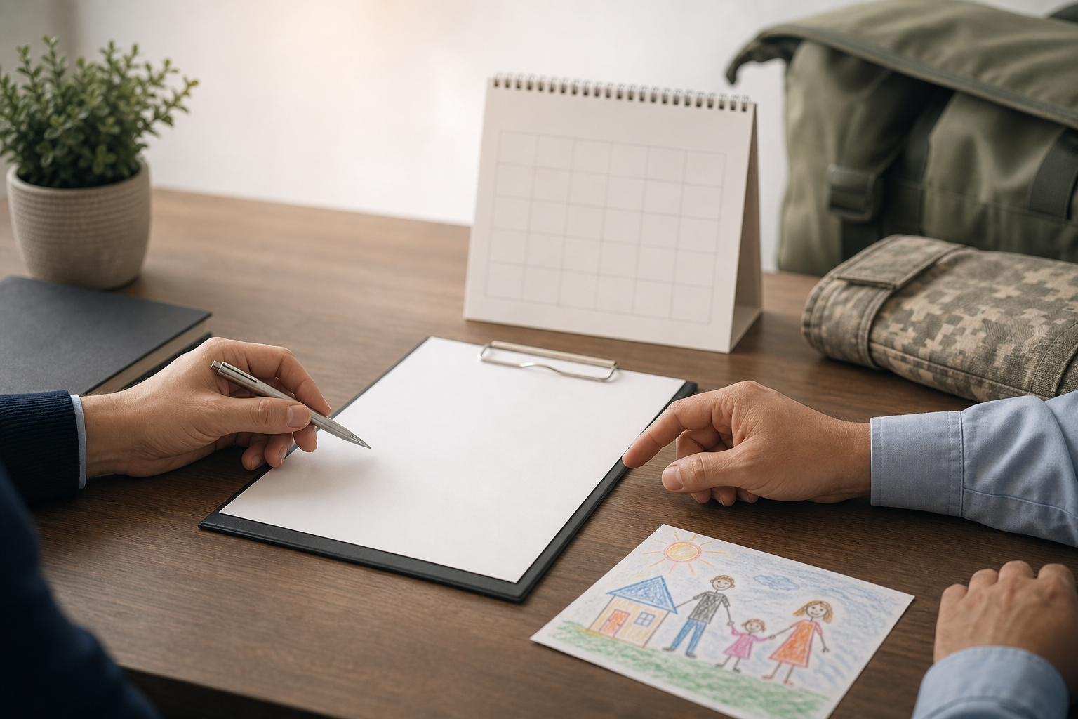 Two people reviewing documents beside military gear and a child drawing
