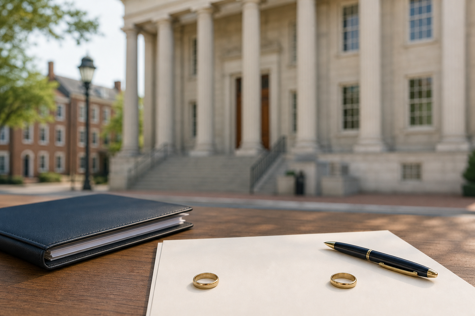 Wedding rings beside legal documents outside a courthouse